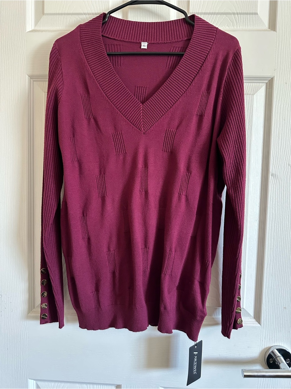 Ladies V-Neck Burgundy Sweater with Button Cuff , Wine Red